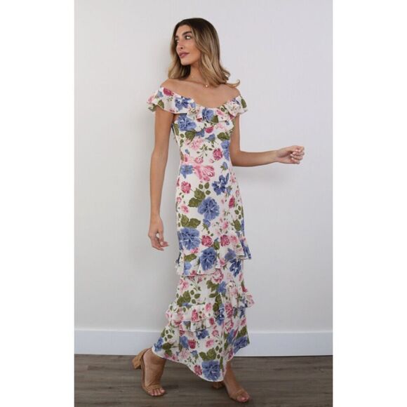 Jardinvue Dresses & Skirts - NEW Jardinvue Floral Tiered Ruffle Hem Fishtail Maxi Dress Gown Size Medium